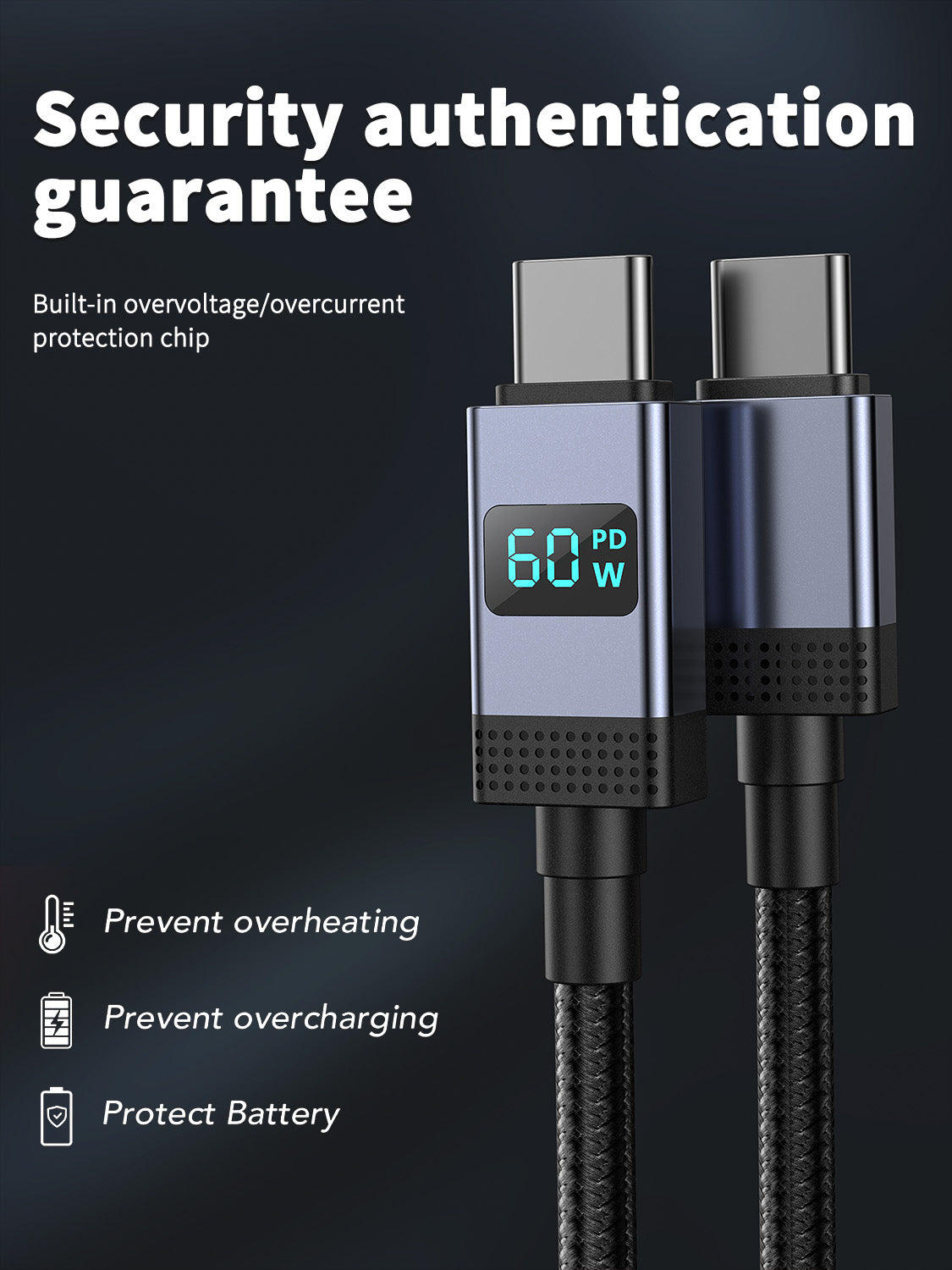 Type-C to Type-C Fast charging 60W data cable with digital display